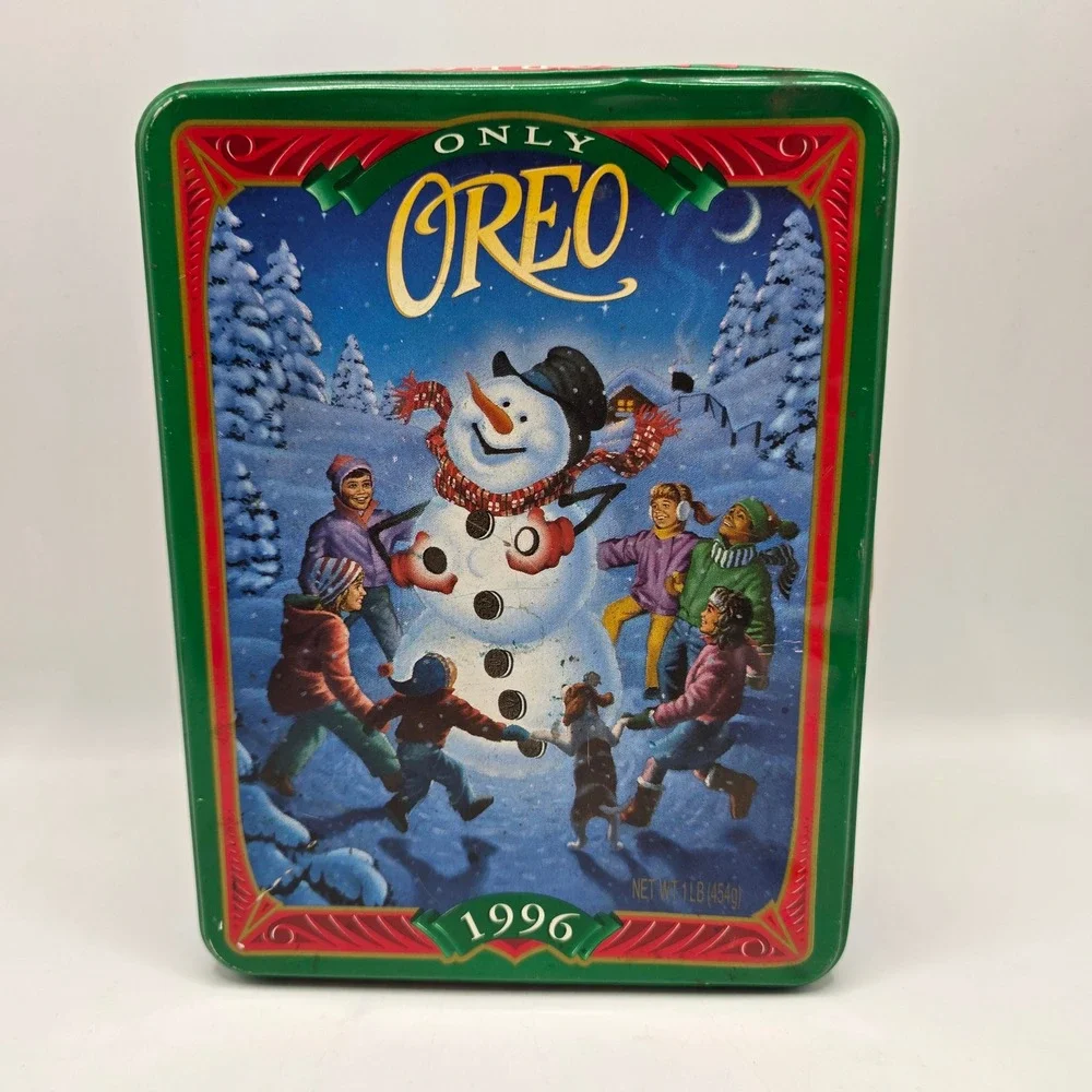 Oreo Cookie Tin 1996 Vintage Winter Snowman Holiday Collectible Metal Storage